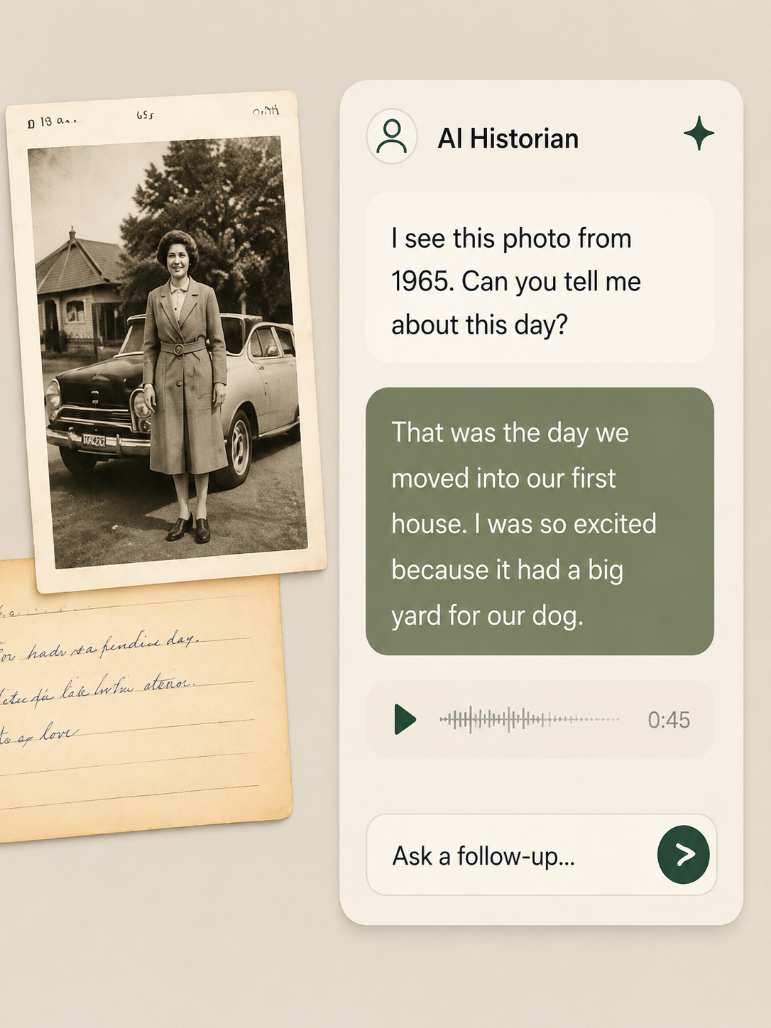Warm AI historian interface beside an old family photograph and handwritten notes