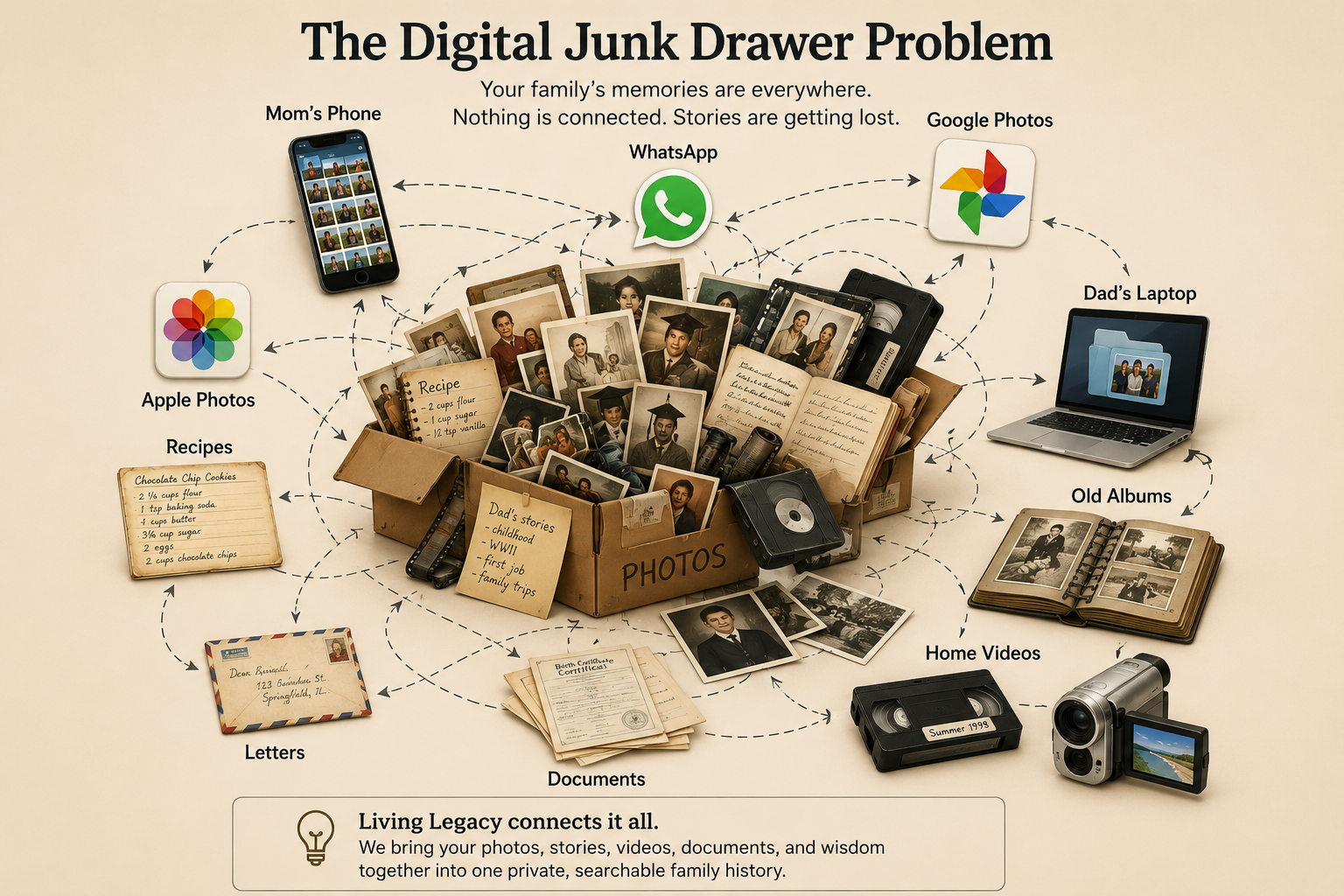 Illustration of family memories scattered across phones, photo apps, albums, letters, documents, and hard drives