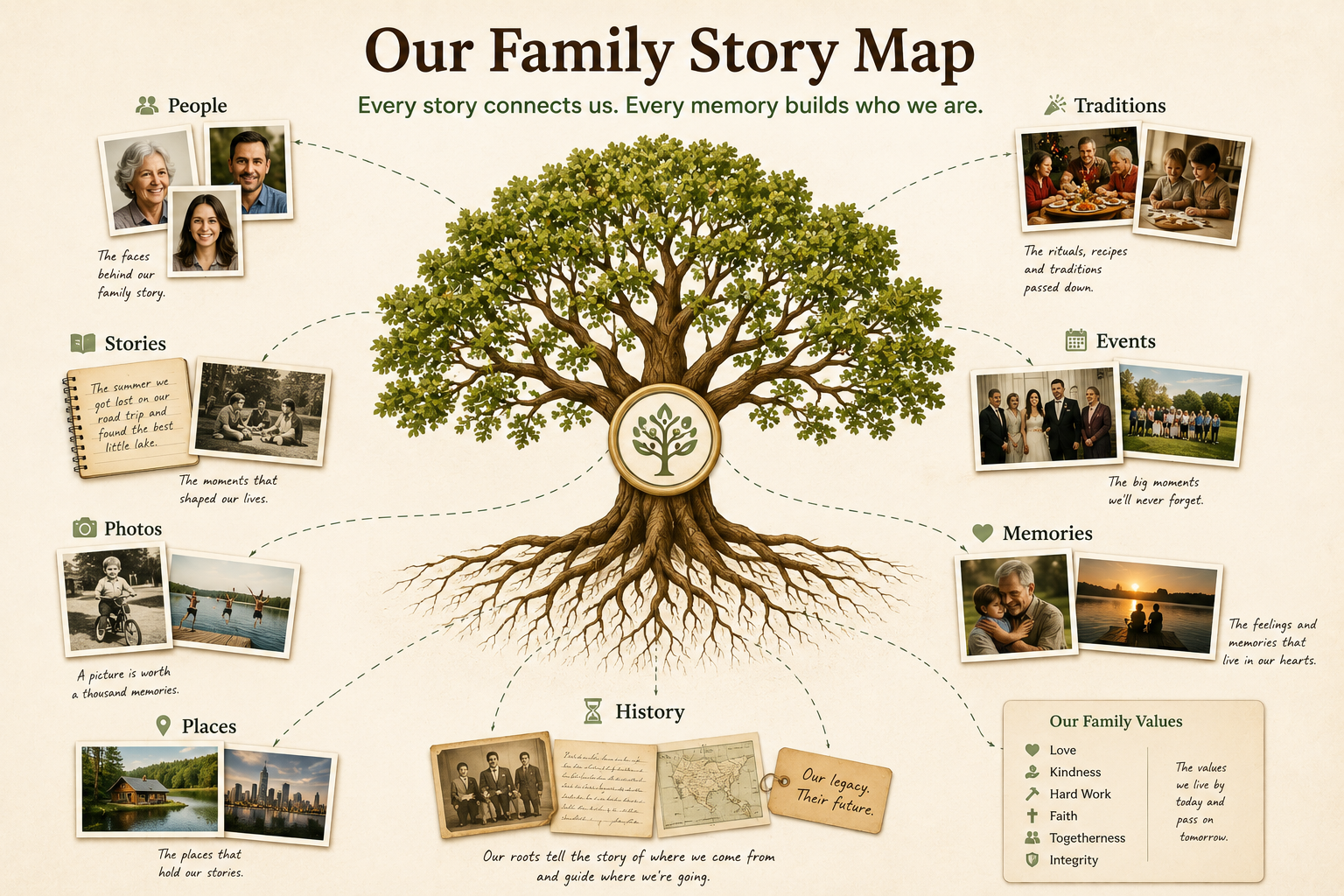 A family story map connecting people, memories, events, traditions, photos, and values around a tree