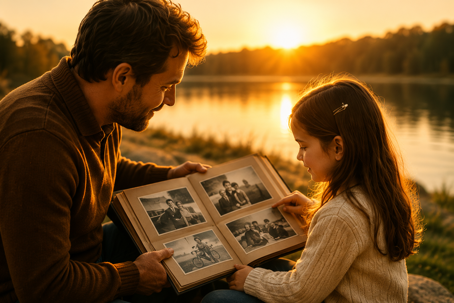 A parent showing a child old family photos in warm sunset light