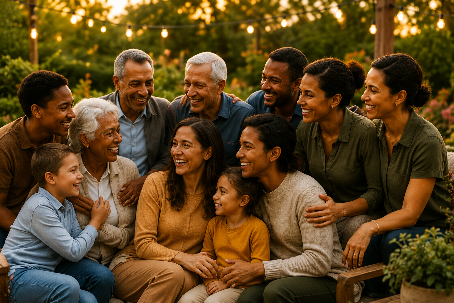 Multiple generations of a family sitting together outdoors and smiling